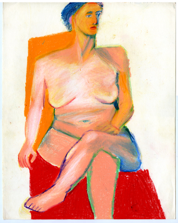 Woman sitting on red